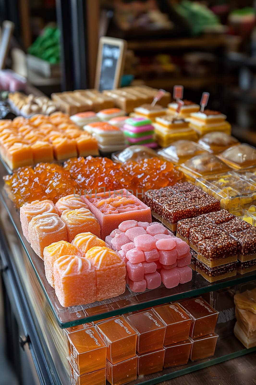 Colorful display of sweets, desserts, and candy in a market showing an assortment of tasty treats