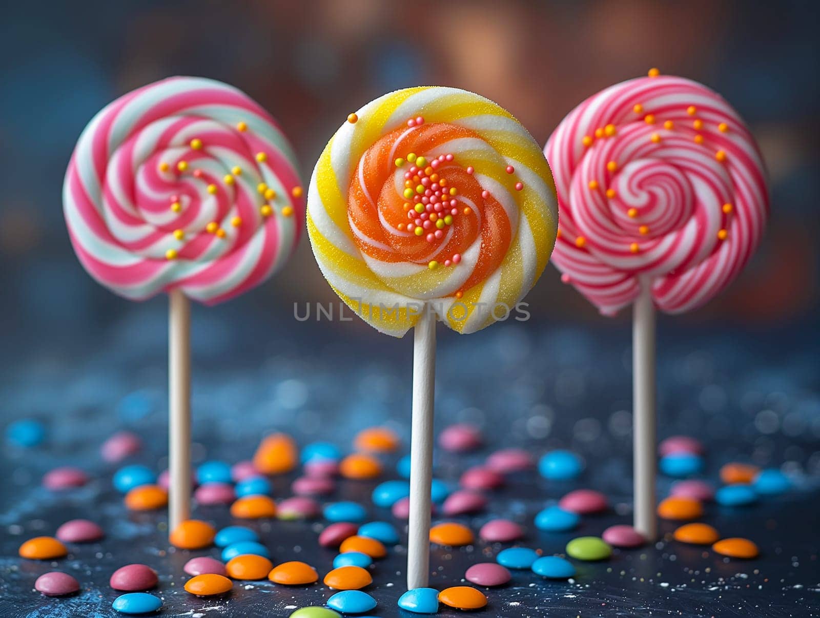 Colorful swirl lollipop candy with sugar and confectionery delicious treat in a vibrant dessert setting