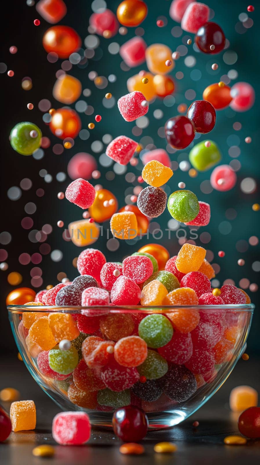 Colorful candy gummies and sweets falling into a bowl creating a delicious and vibrant scene