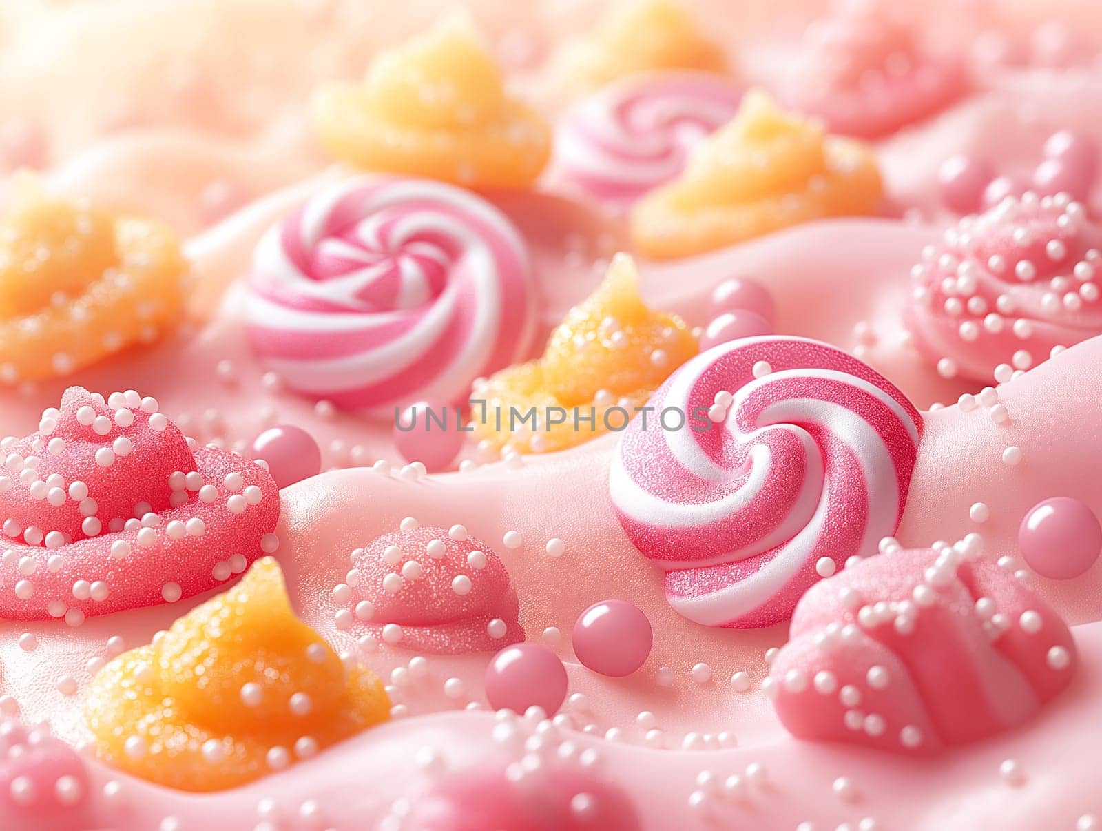 Candy pastel swirls of sweets with delicate colorful dessert elements in a pink bright sugar background