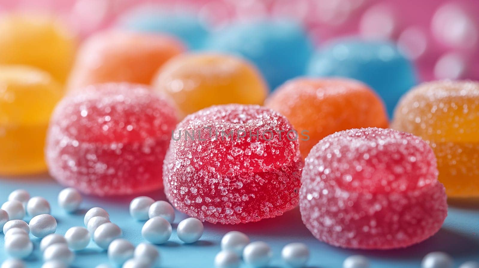 Closeup of colorful candy sweets with sugar coating, jelly treats, and bright chewy delights