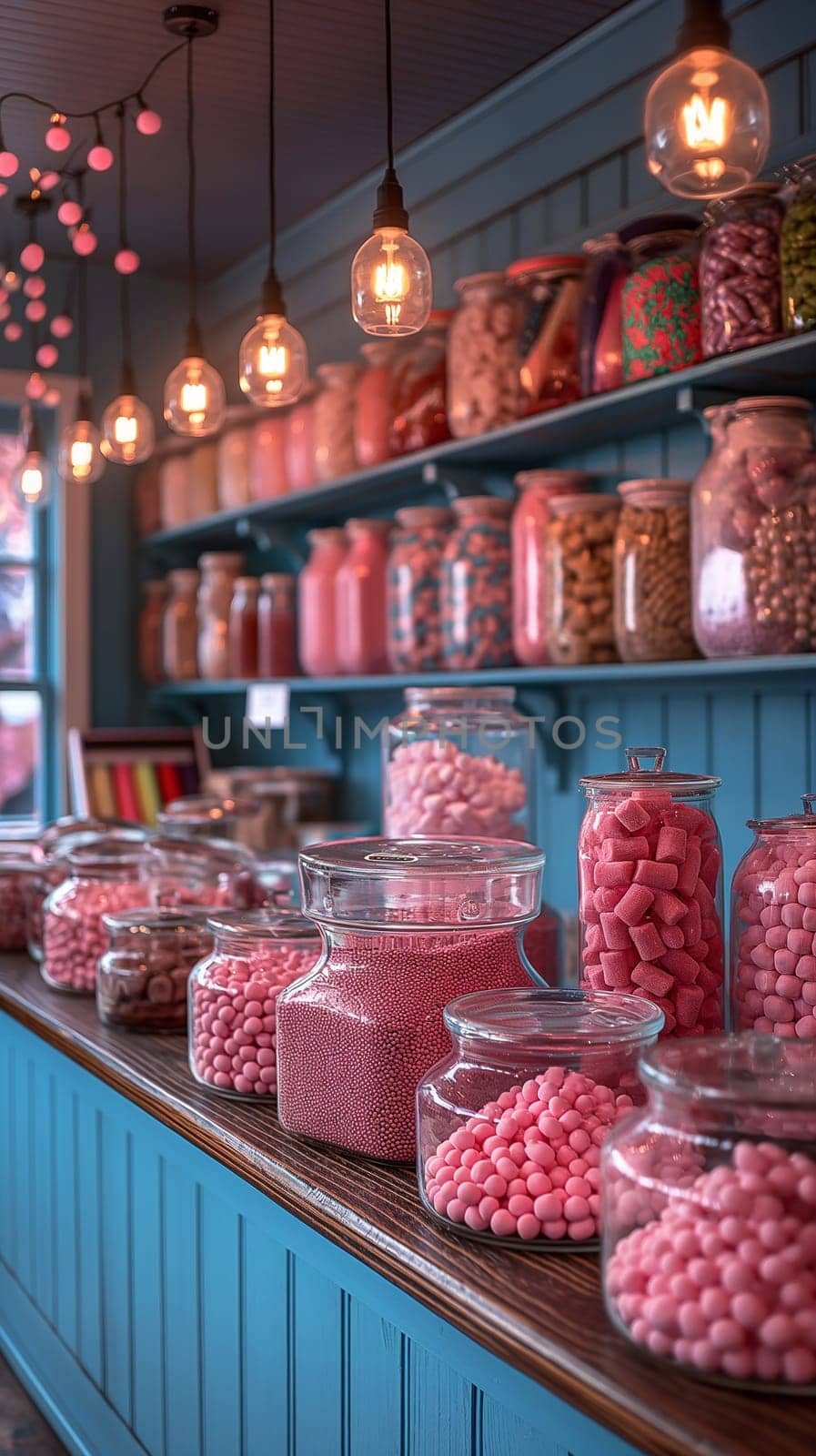 Charming candy store with a pink interior, glass jars filled with sweets, and beautiful shelves on display