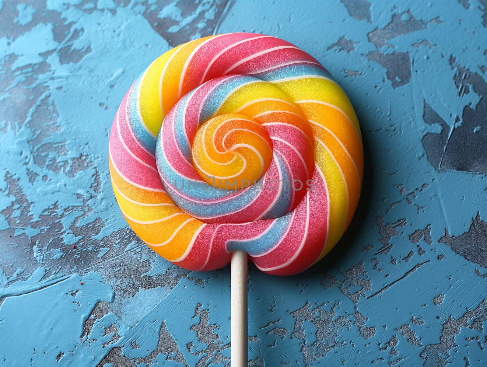 Colorful lollipop swirl on a blue background, perfect candy and sweet treat for any dessert lover