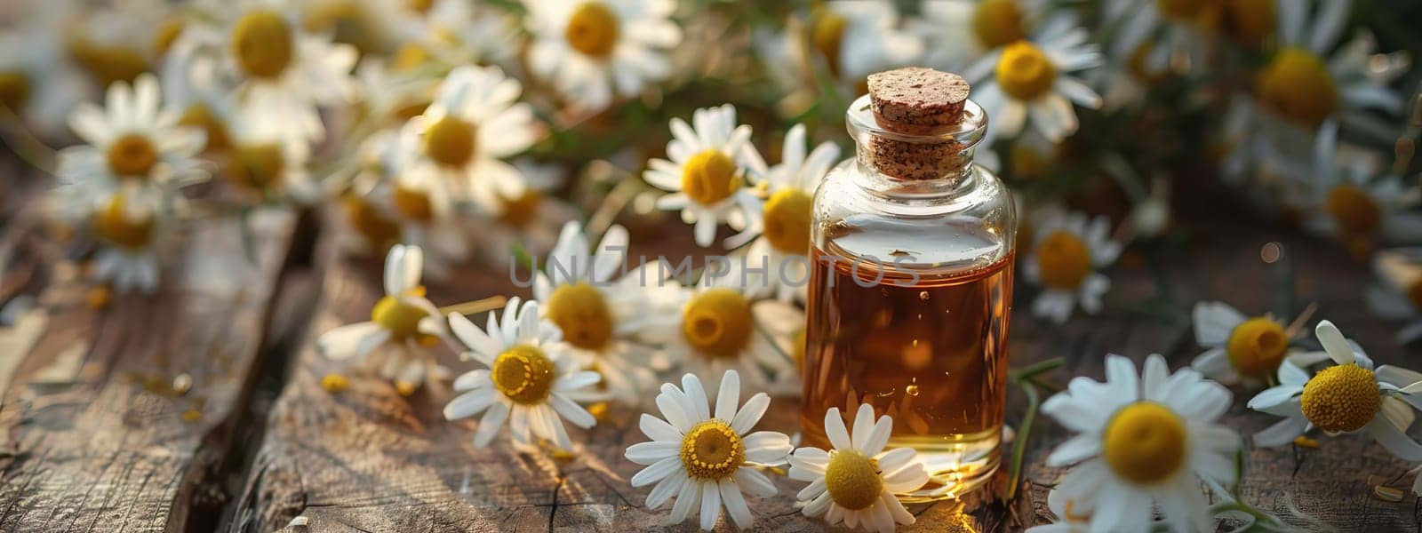 chamomile extract in a small bottle on sacking. selective focus. Generative AI, nature