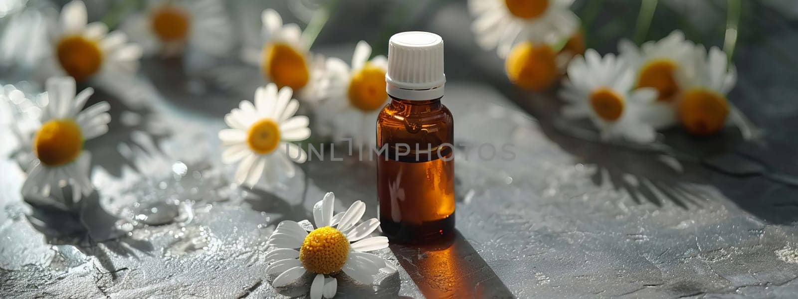 chamomile extract in a small bottle on sacking. selective focus. Generative AI, nature