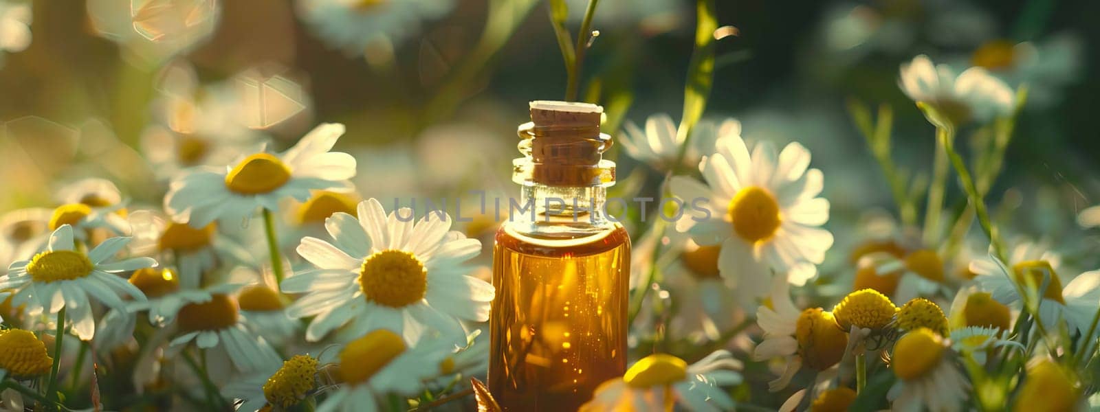 chamomile extract in a small bottle on sacking. selective focus. Generative AI, nature