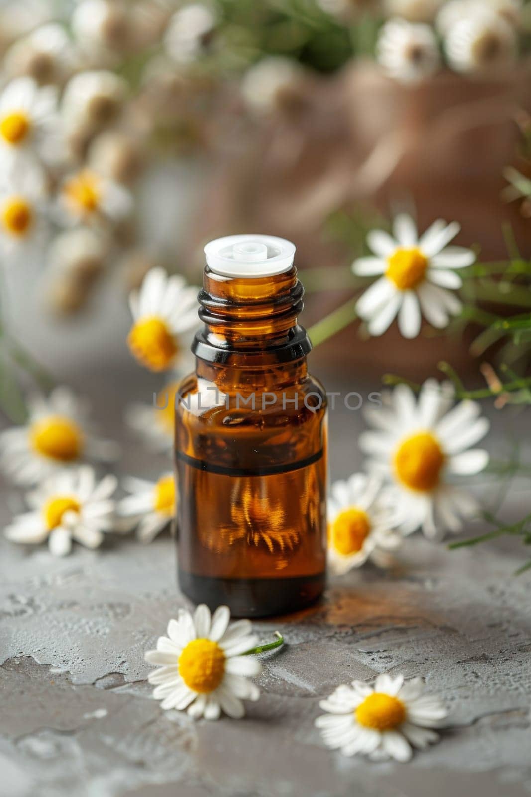 chamomile extract in a small bottle on sacking. selective focus. Generative AI, nature