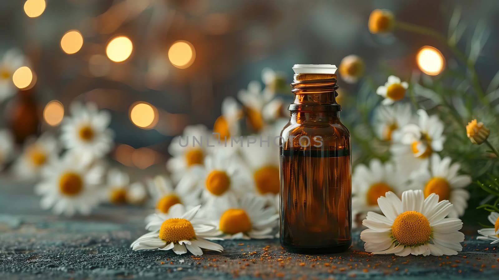 chamomile extract in a small bottle on sacking. selective focus. Generative AI, nature
