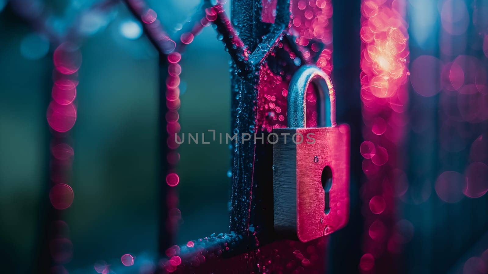 A padlock secured on a gate with raindrops, night bokeh, and wet colorful lighting