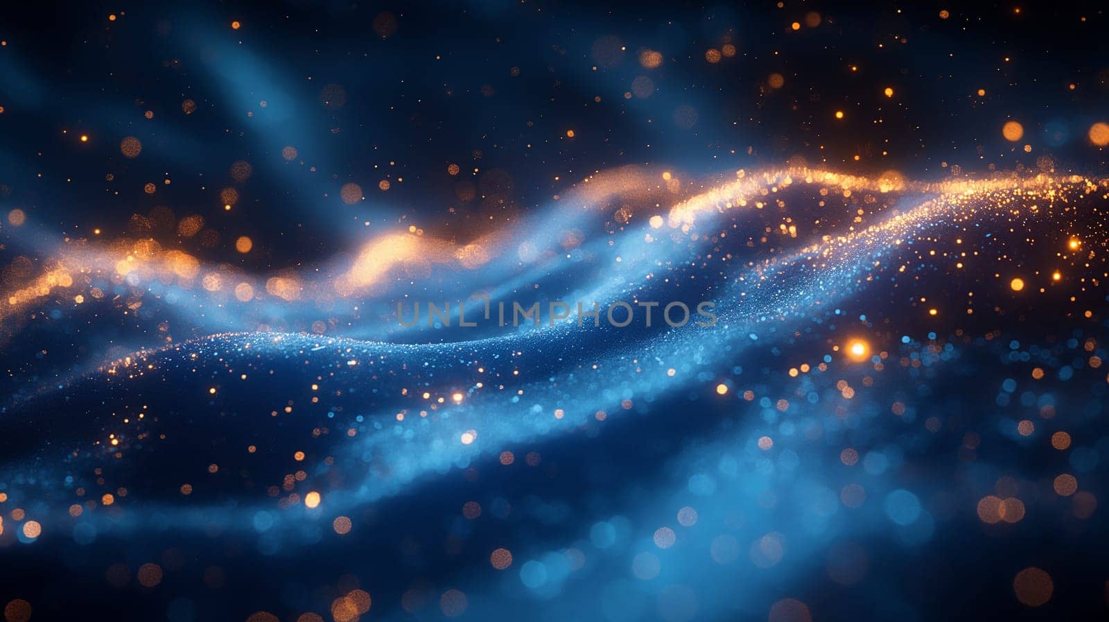 Abstract background with glowing blue and golden particles in a wavy dreamy lights