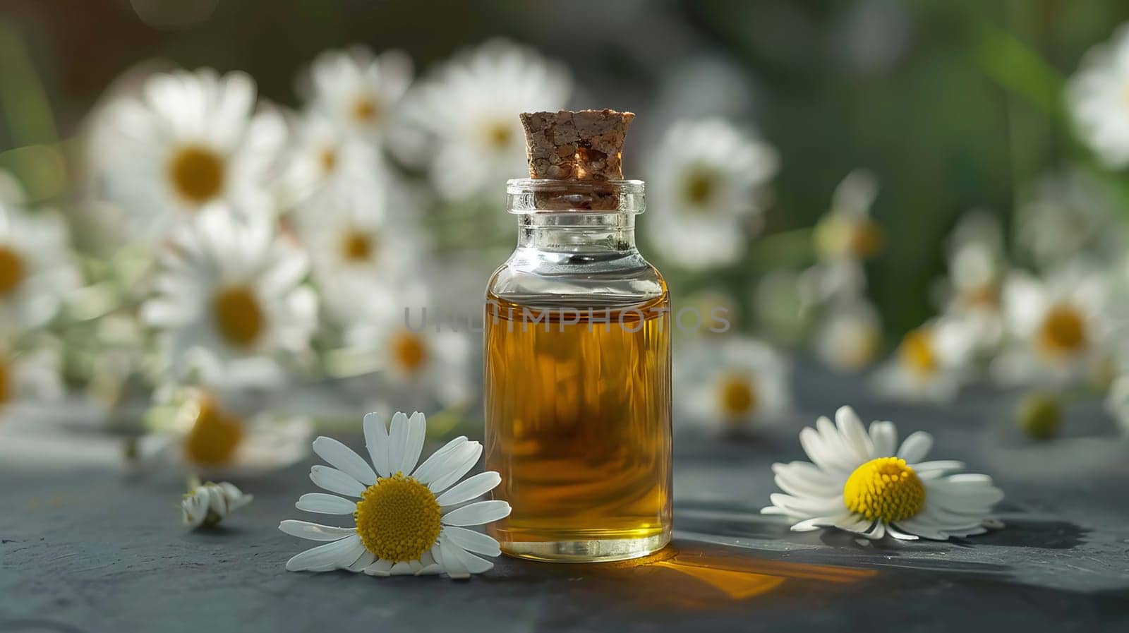 chamomile extract in a small bottle on sacking. selective focus. Generative AI, nature