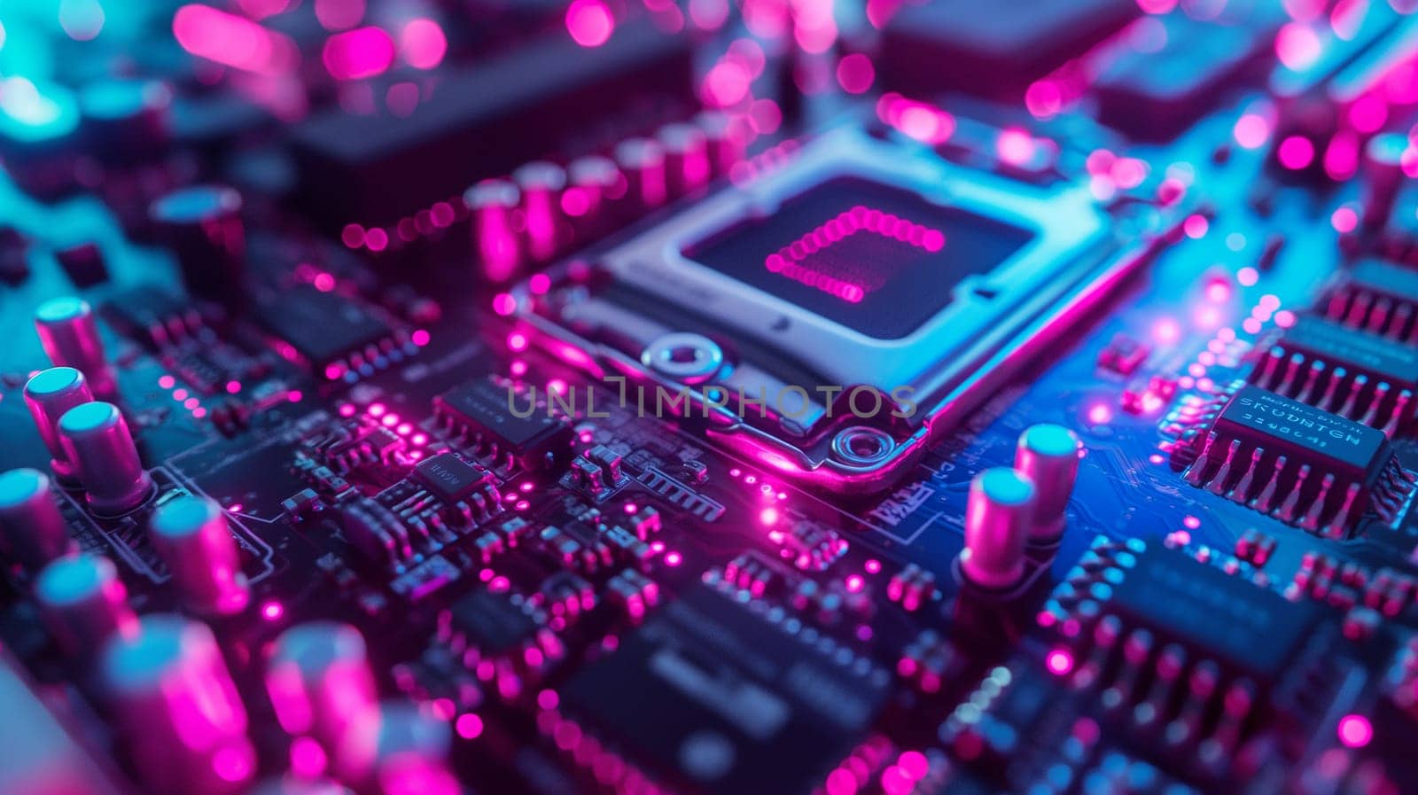 Motherboard with circuit technology including processor, microchip, and hardware in neon pink and blue