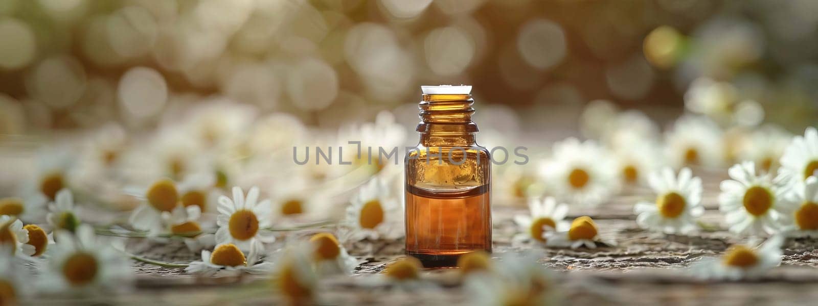 chamomile extract in a small bottle on sacking. selective focus. Generative AI, nature