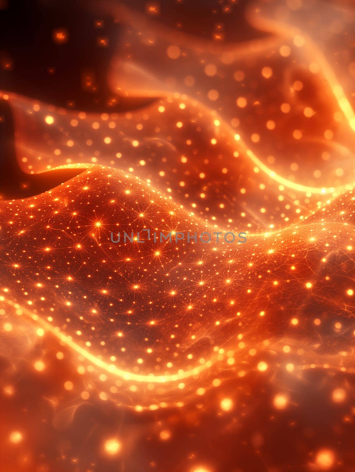Abstract orange glowing lights background with wave pattern and particles in futuristic design