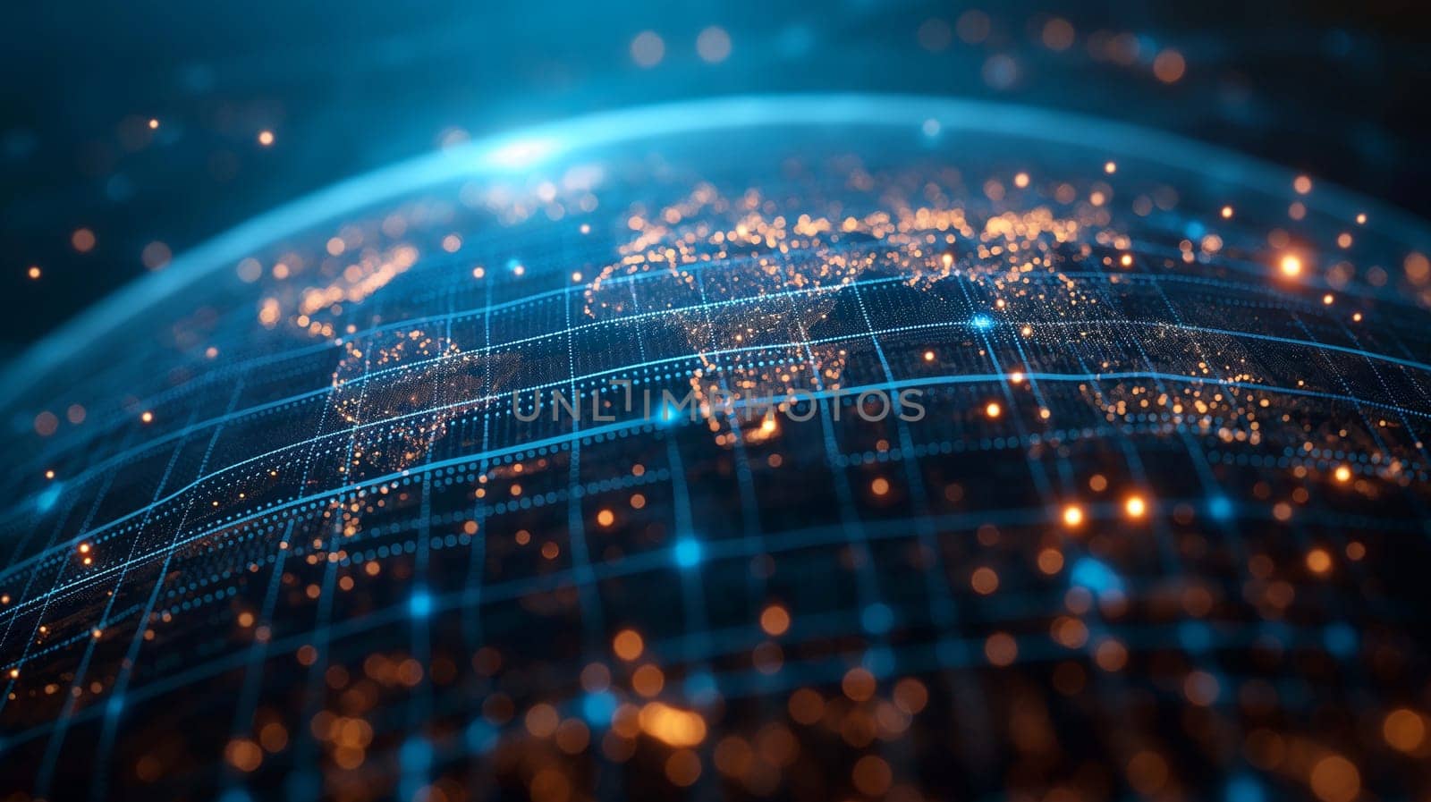 Digital globe with network data showcasing earth connectivity and global abstract light map with dots and grid