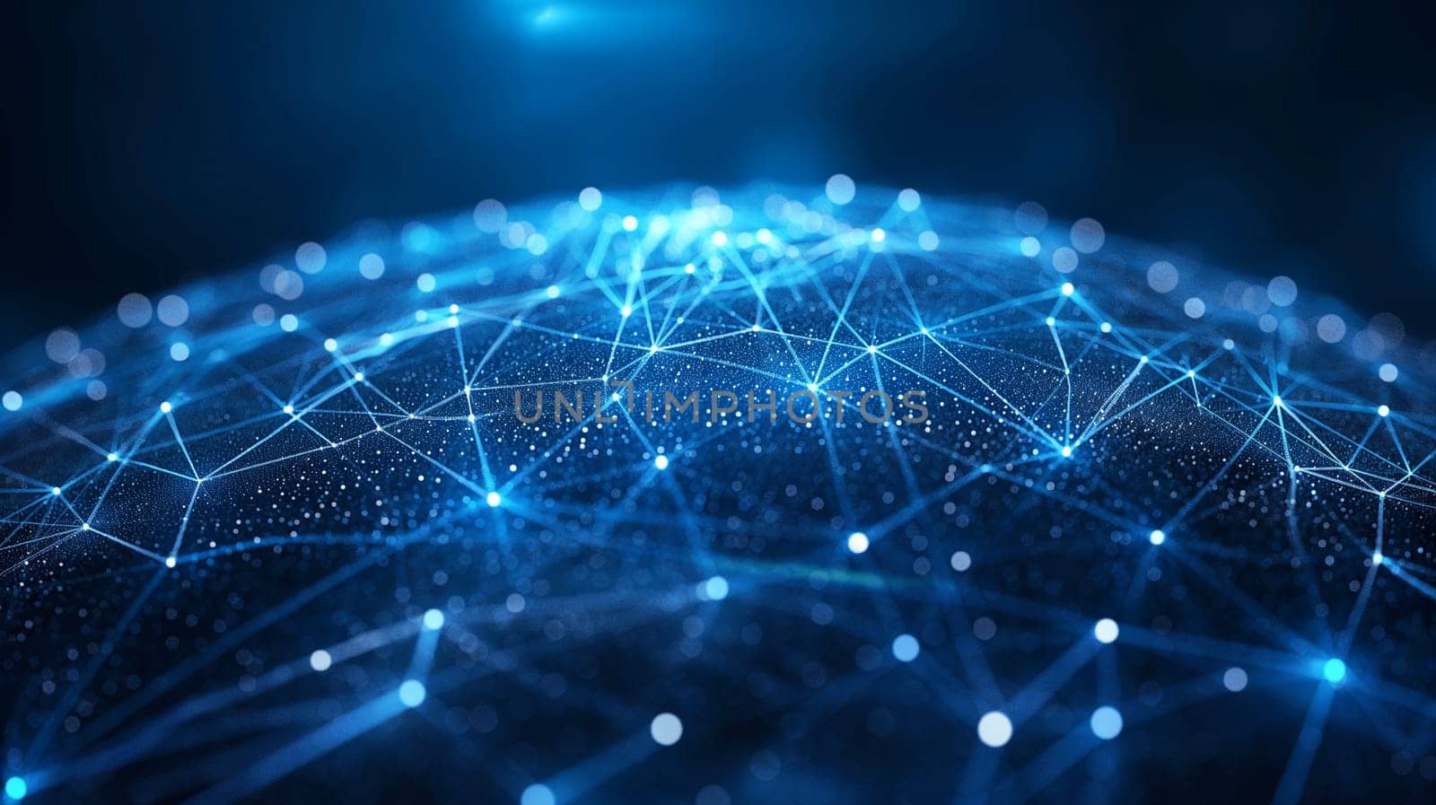Abstract blue glowing network with digital connections and data dots in a technology sphere