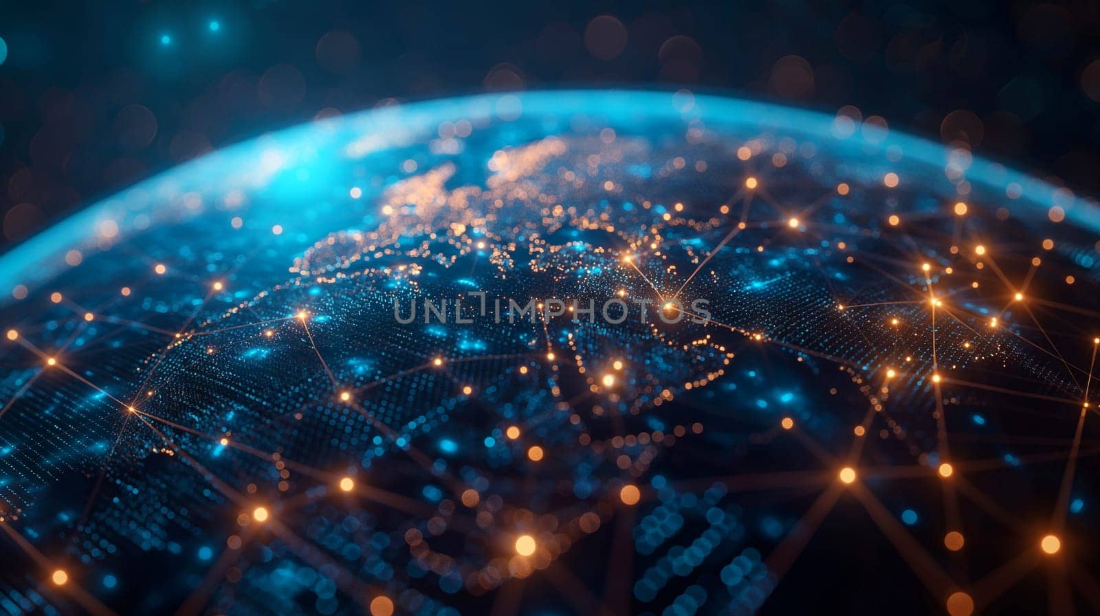 A digital network of the world depicting a globe with lights and technological connections around earth
