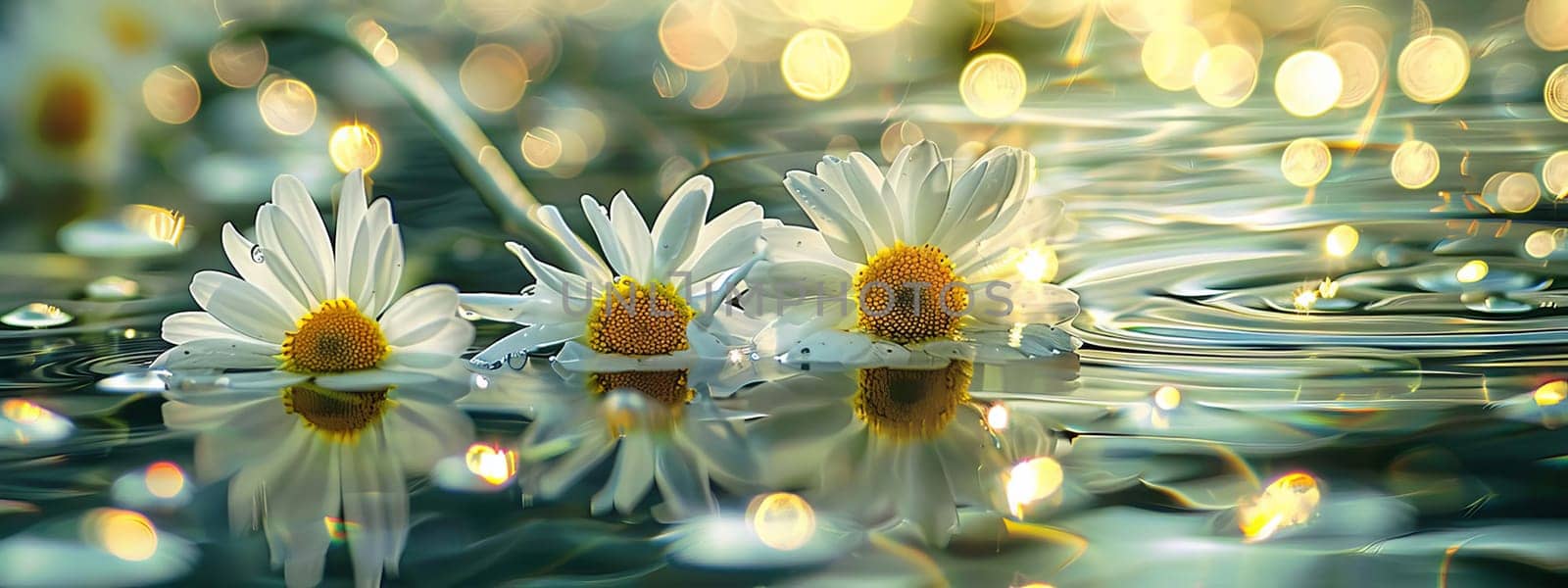 Chamomile flowers on the surface of water in drops, flowers Generative AI,