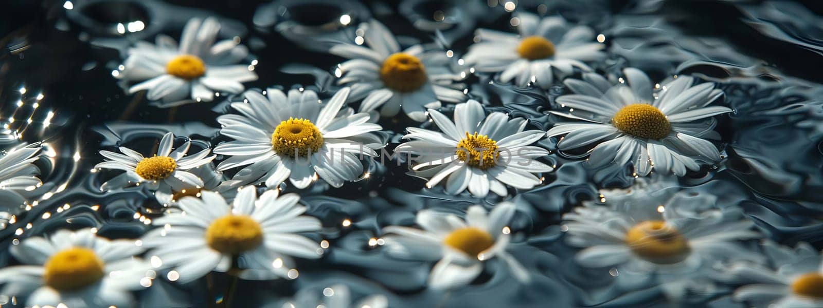 Chamomile flowers on the surface of water in drops, flowers Generative AI,