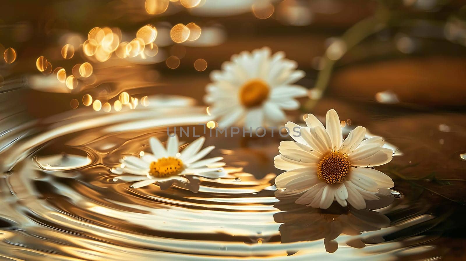 Chamomile flowers on the surface of water in drops, flowers Generative AI,