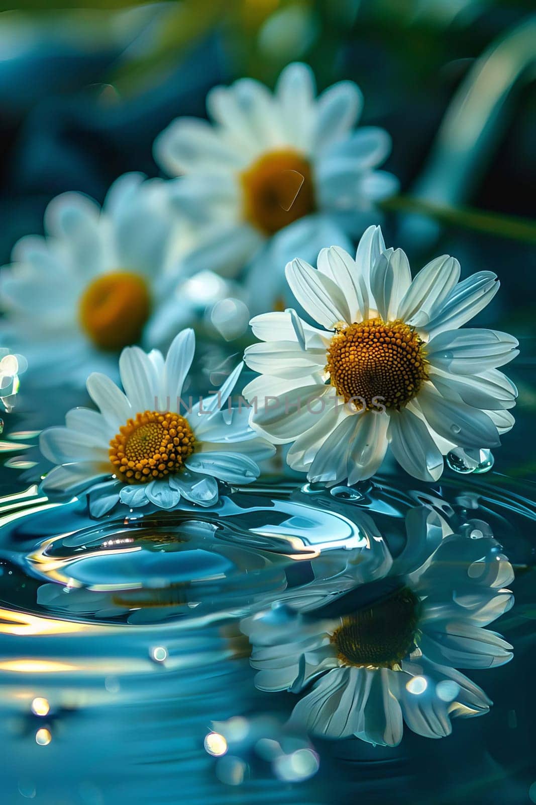 Chamomile flowers on the surface of water in drops, flowers Generative AI,