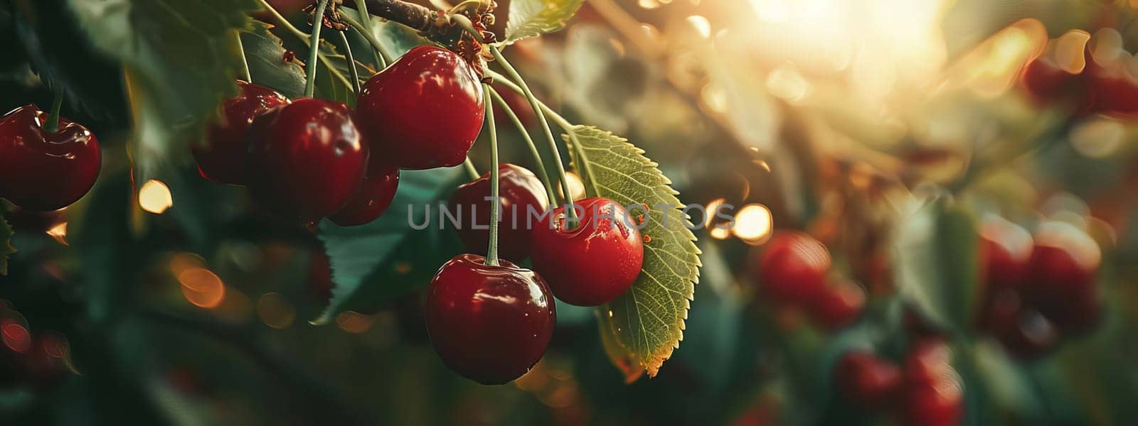 Branch of ripe cherries on a tree in a garden selective focus, Generative AI,