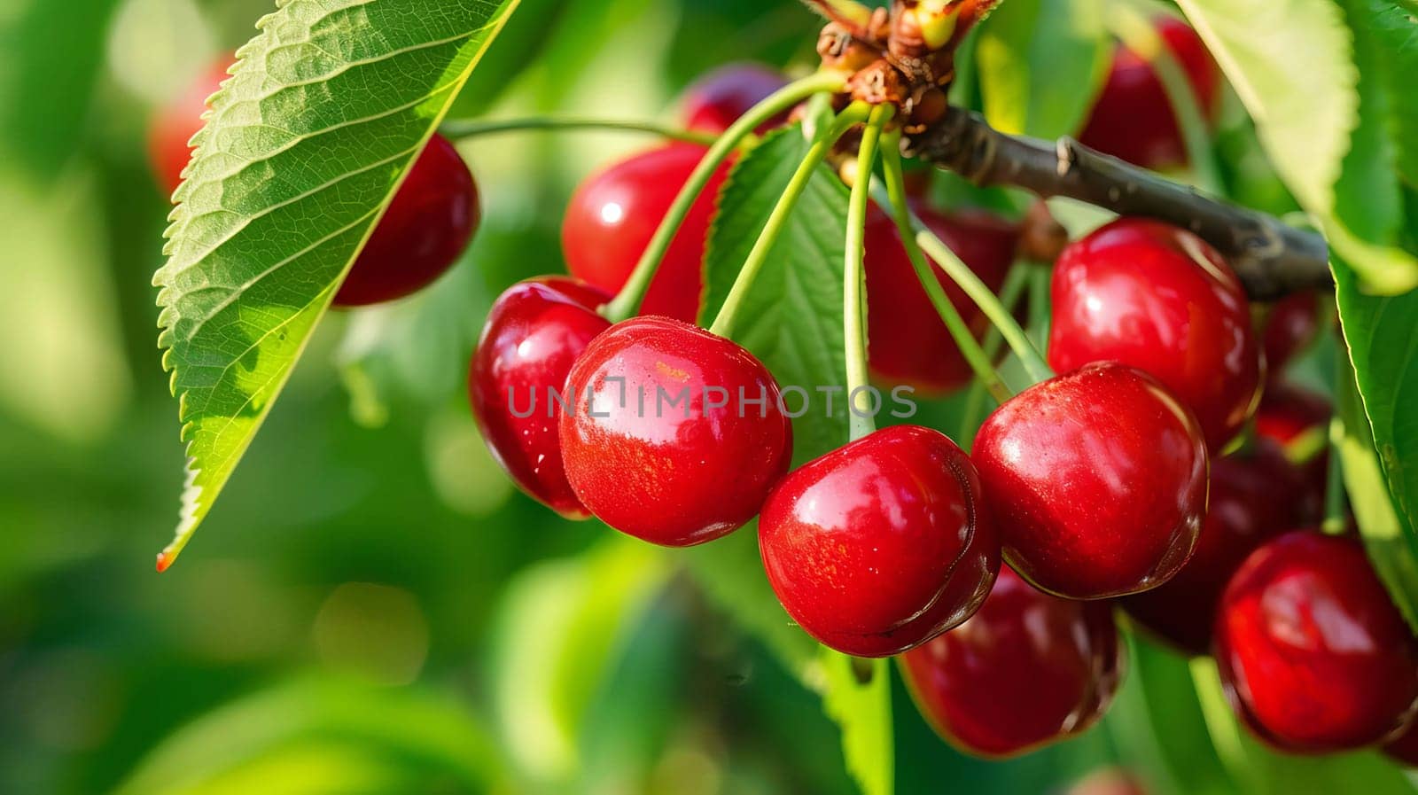 Branch of ripe cherries on a tree in a garden selective focus, Generative AI,