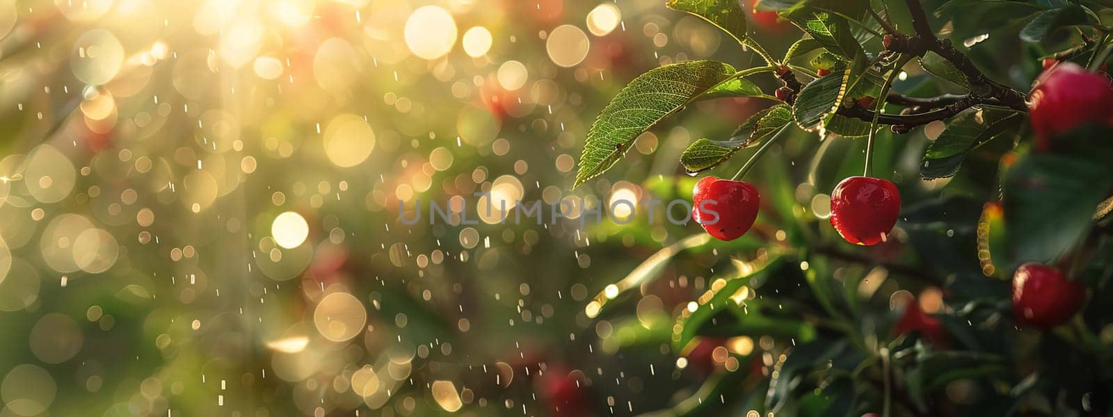 Branch of ripe cherries on a tree in a garden selective focus, Generative AI,