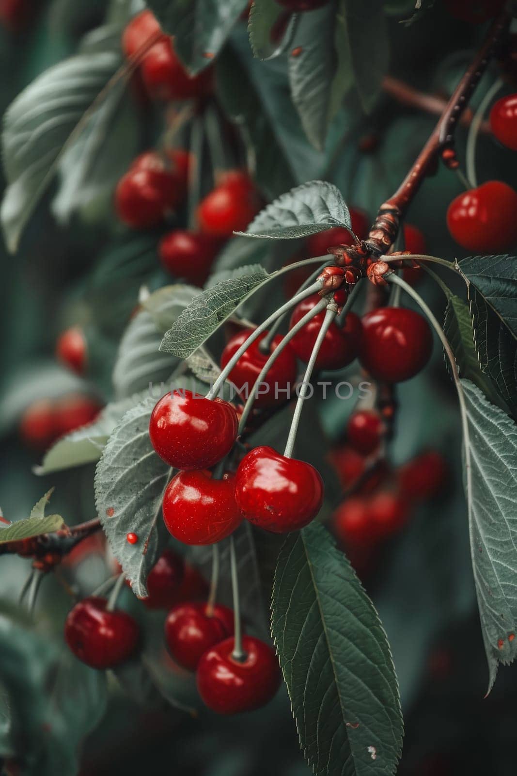 Branch of ripe cherries on a tree in a garden selective focus, Generative AI,