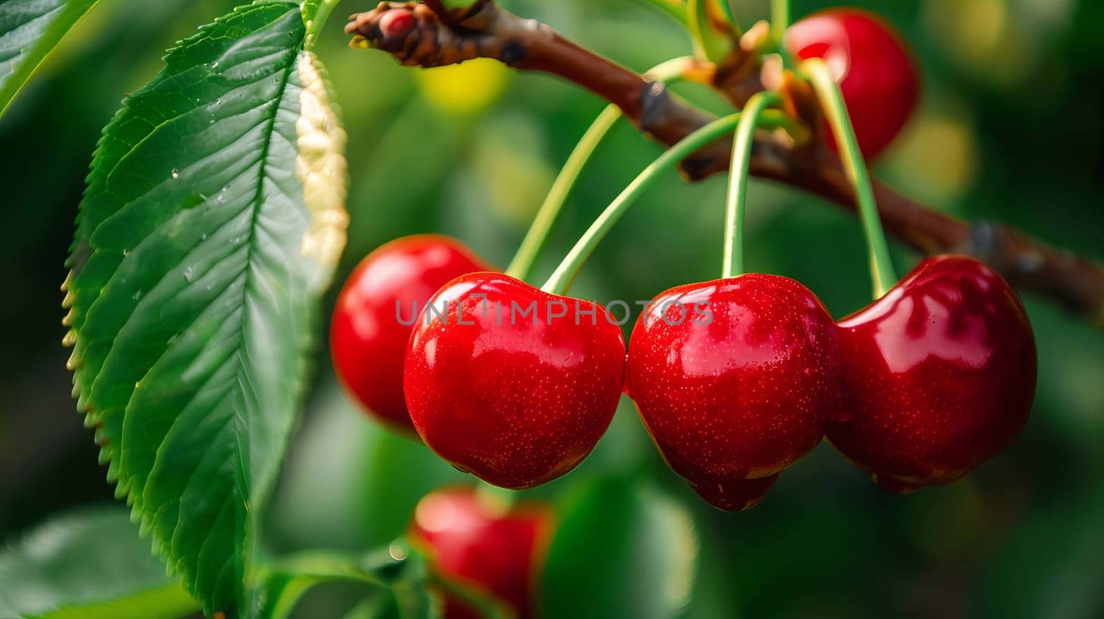 Branch of ripe cherries on a tree in a garden selective focus, Generative AI,
