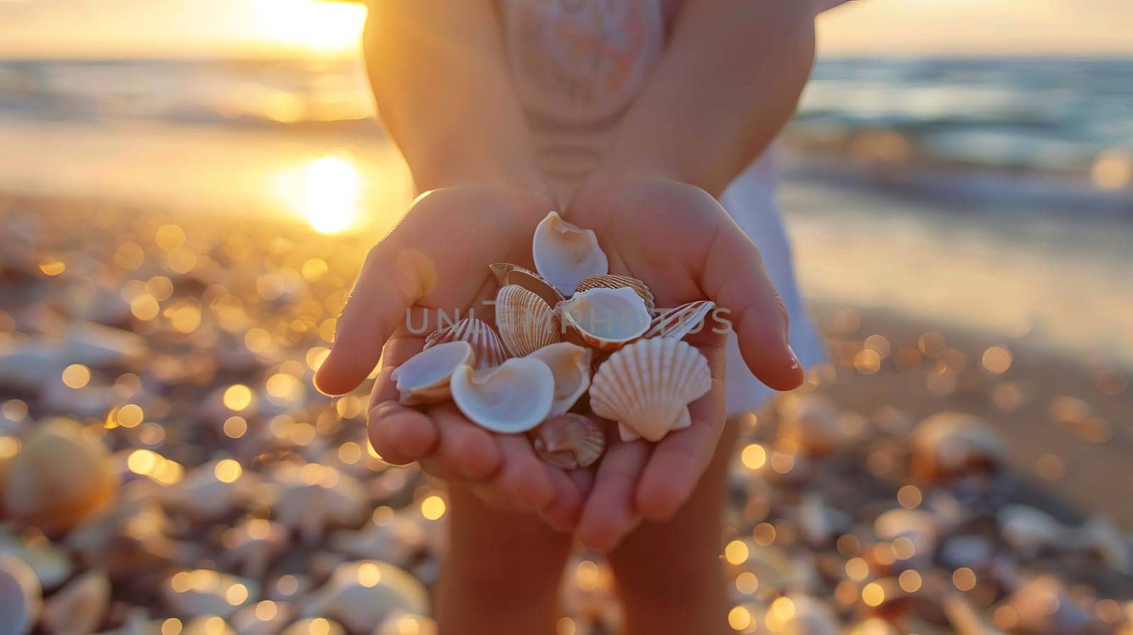 Close-up of child's hands holding collected seashells over sea. people Selective focus