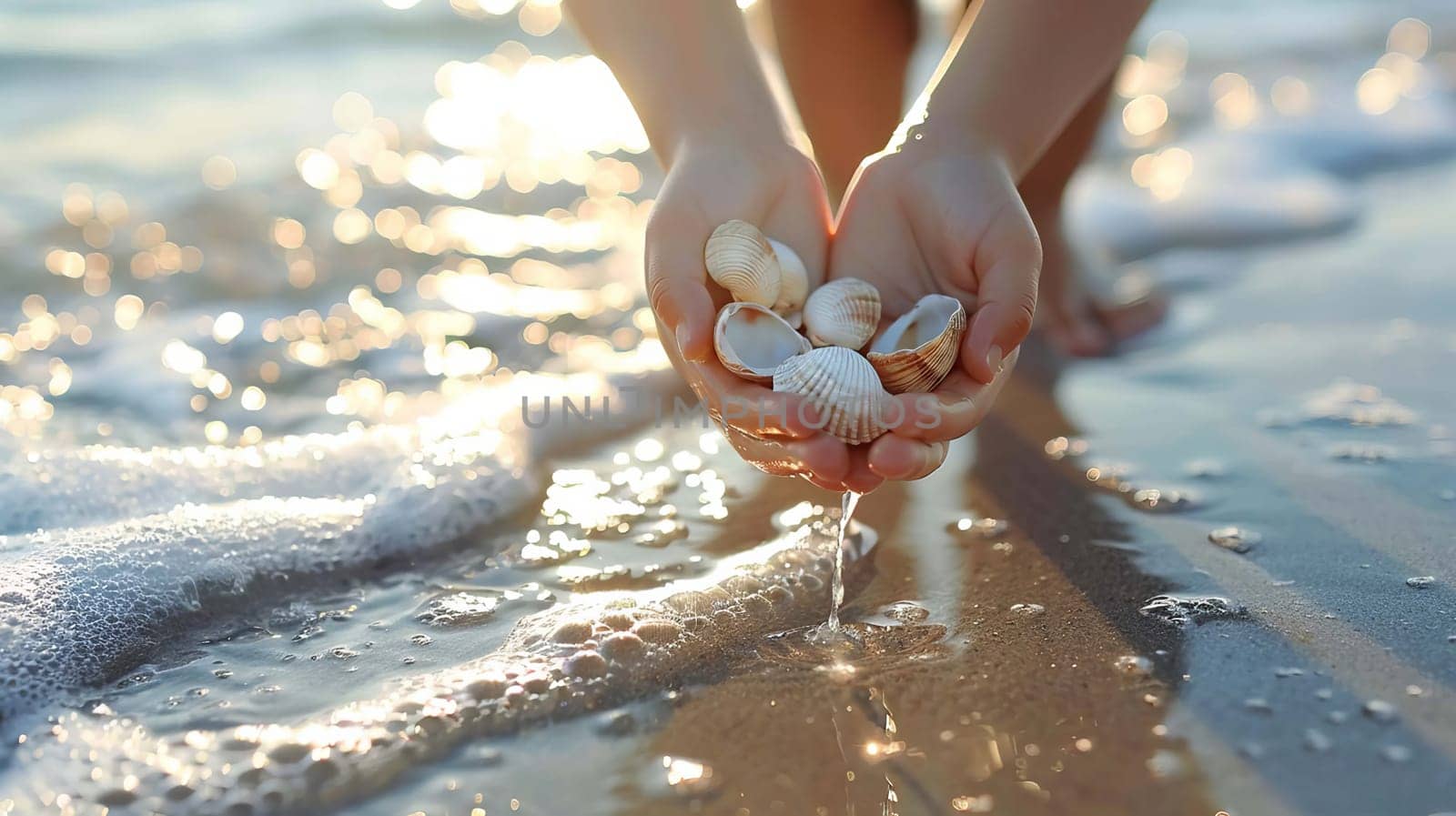 Close-up of child's hands holding collected seashells over sea. people Selective focus