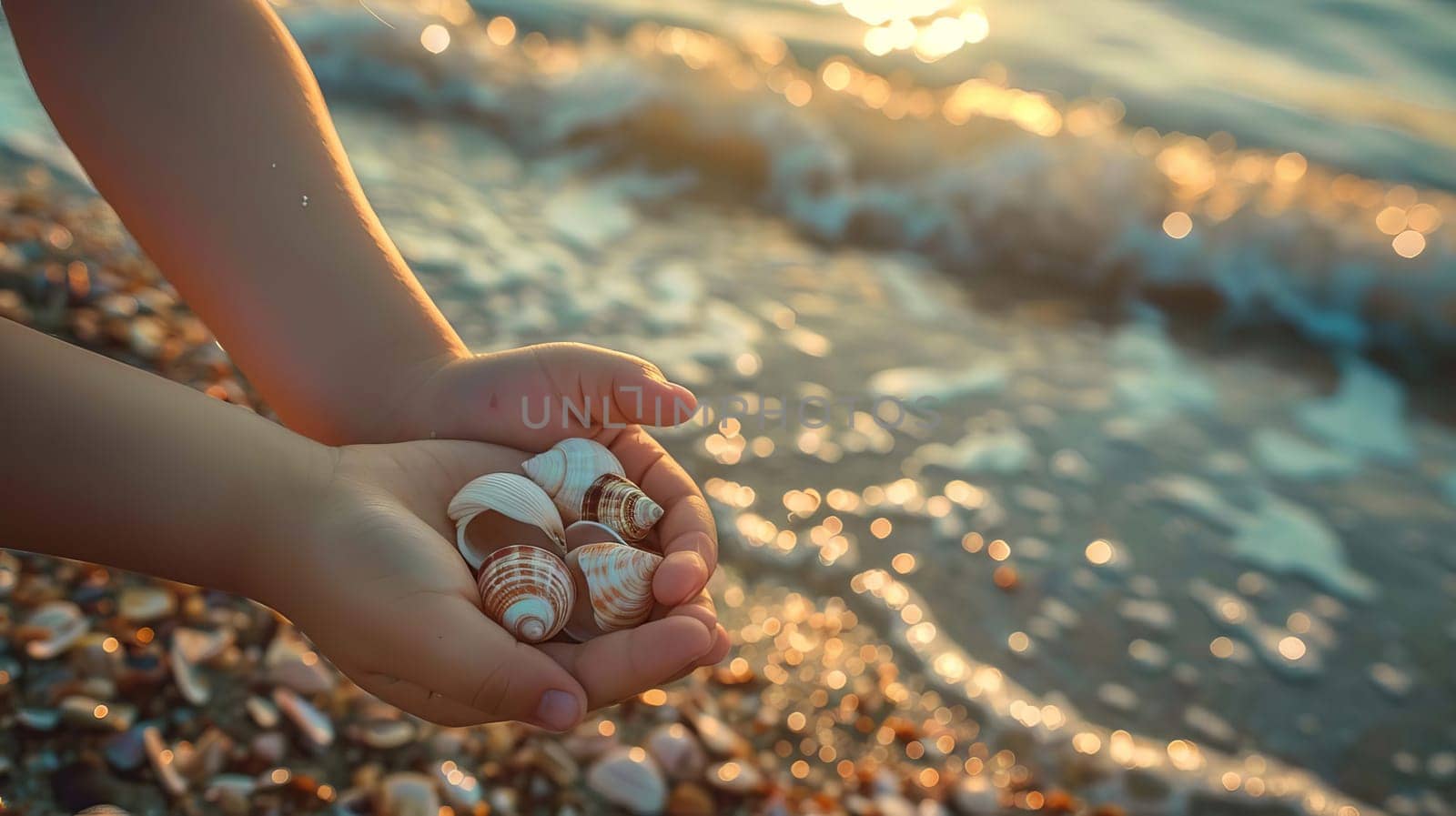 Close-up of child's hands holding collected seashells over sea. people Selective focus