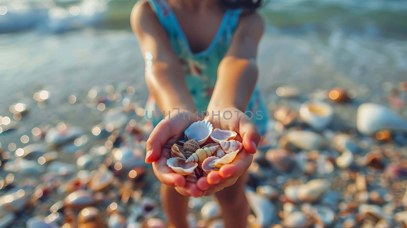 Close-up of child's hands holding collected seashells over sea. people Selective focus
