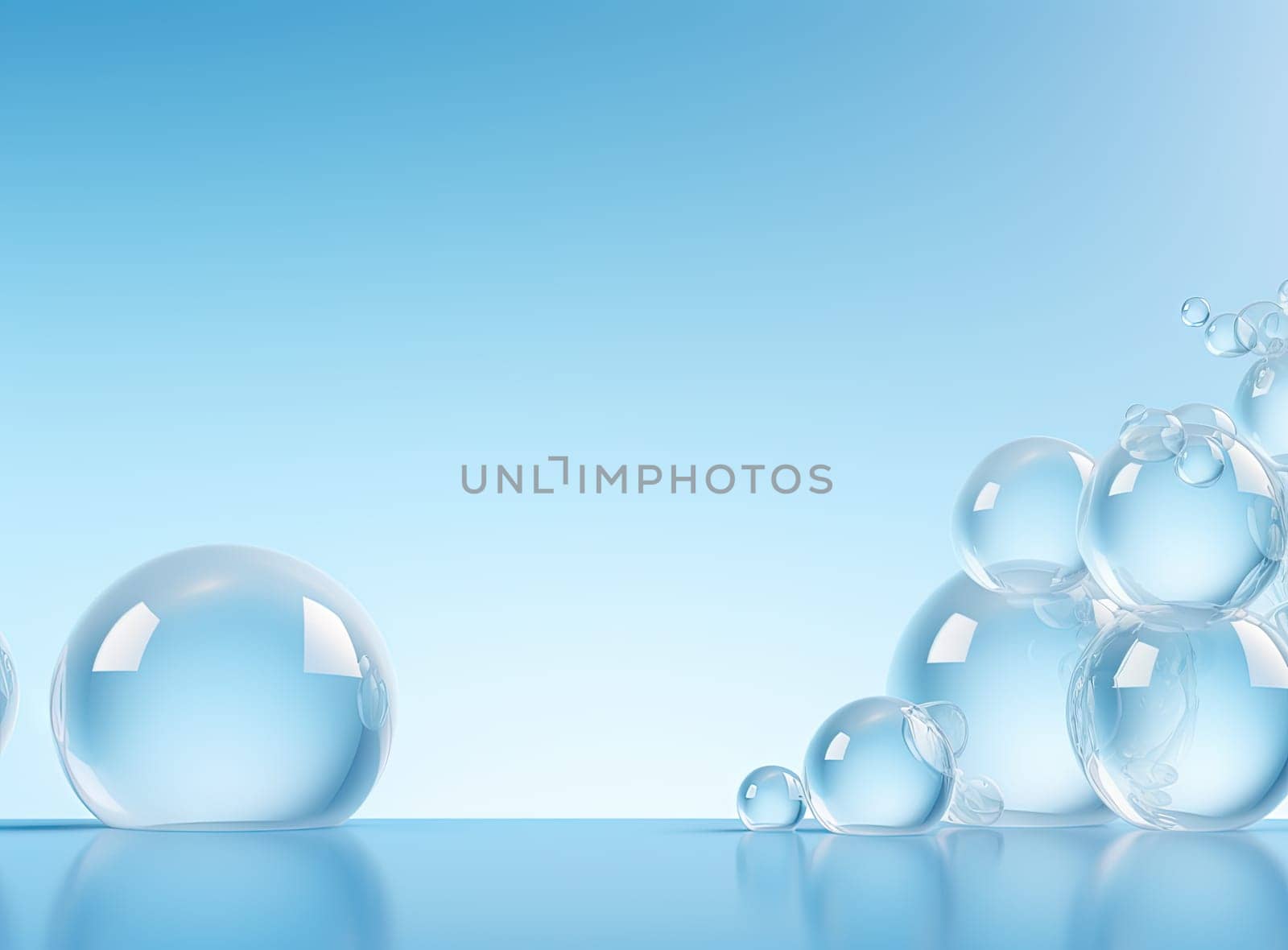 Soaring bubbles on blue background. Abstract soap bubbles floating background. Generated AI