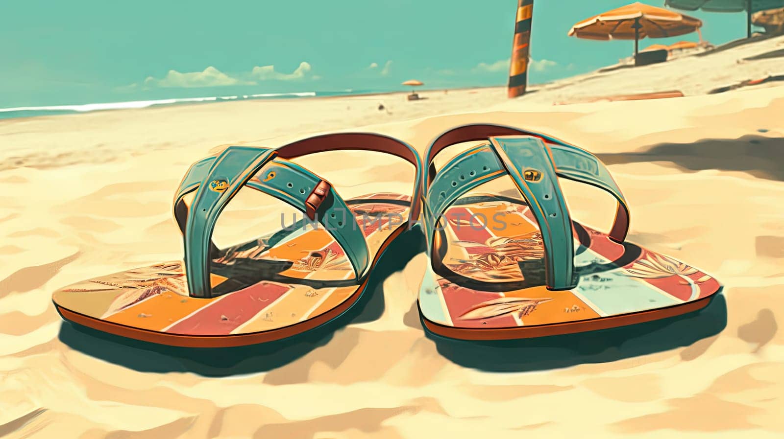 Flip flop sandals on the sandy beach in nostalgic card style. Retro vacation postcard with slippers on the coast. Generated AI
