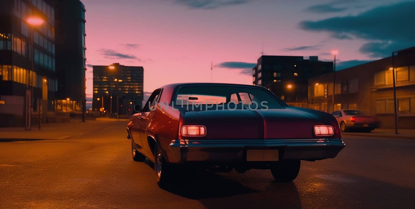 Vintage muscle car parked on the street at night. 80s styled synthwave retro scene with powerful drive in evening. Generated AI
