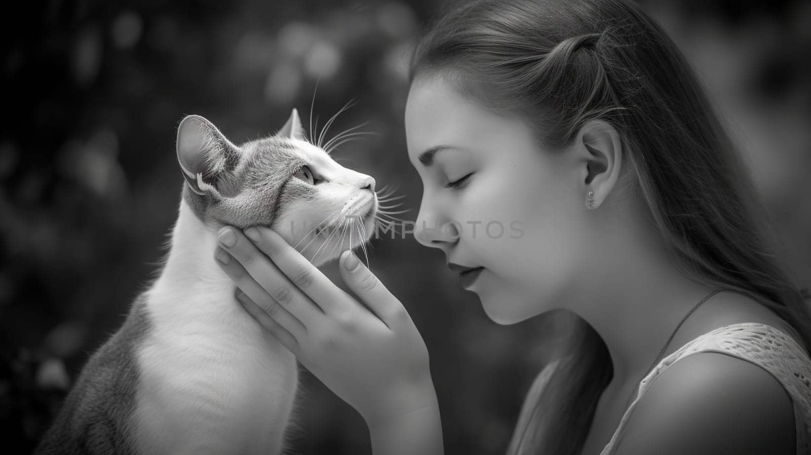 Tender cat cuddling. Cute delicate kitten. Generated AI