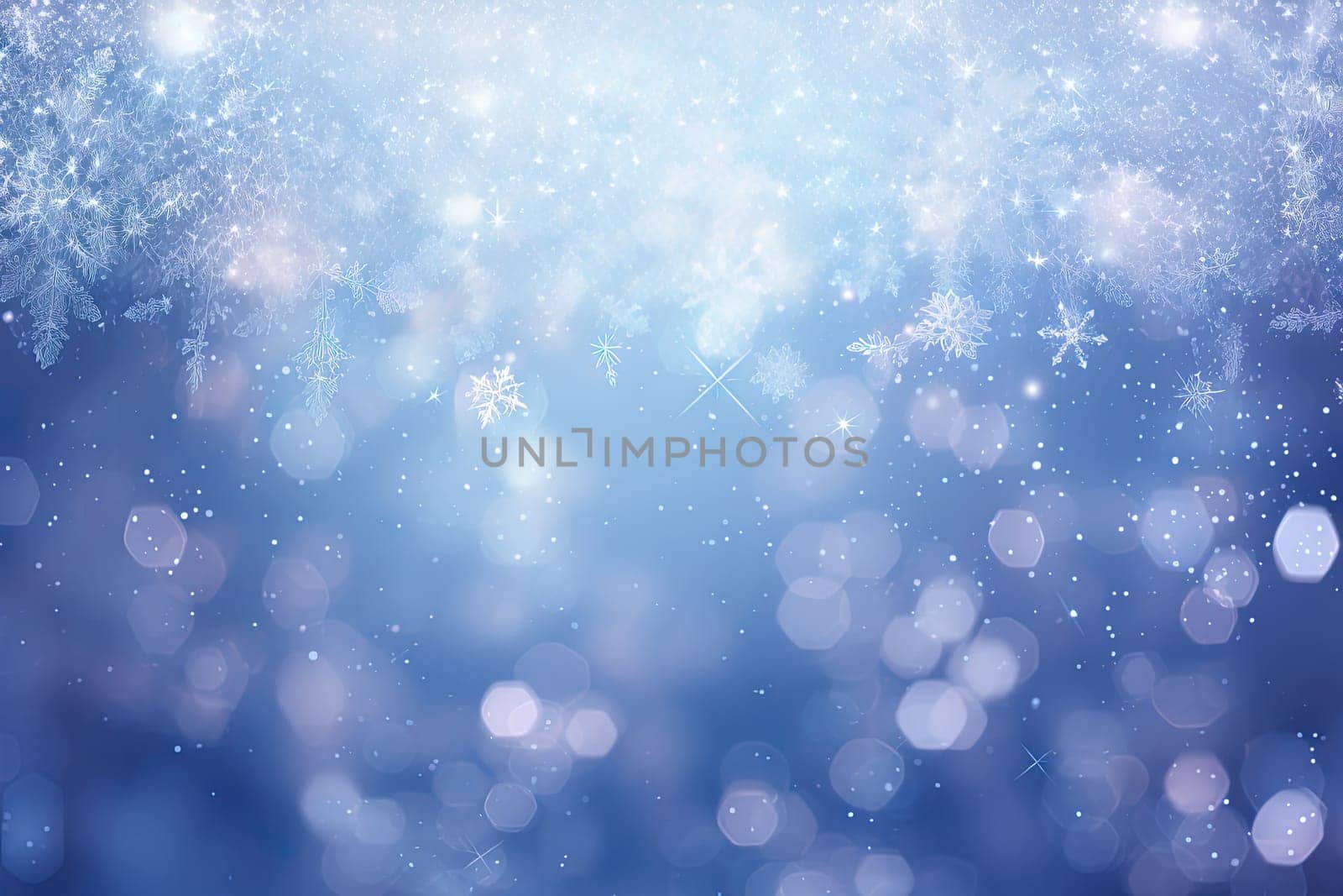 Christmas background with snowflakes and bokeh. Winter holidays celebration backdrop with snow on blurred background. Generated AI
