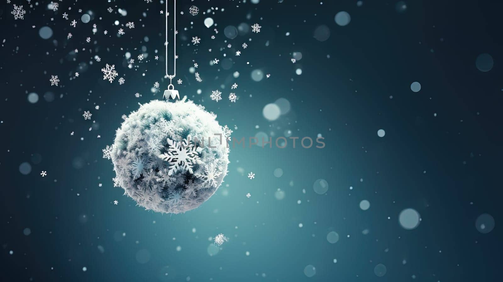 Beautiful Christmas bauble hanging on the background with snow sparkles. Xmas wither holiday card with glass ball. Generated AI