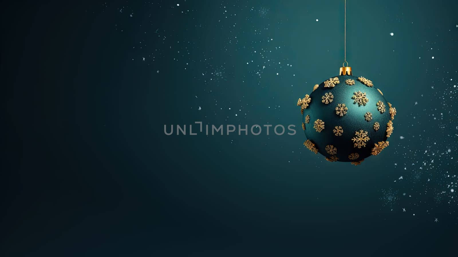 Beautiful Christmas bauble hanging on the background with snow sparkles. Xmas wither holiday card with glass ball. Generated AI