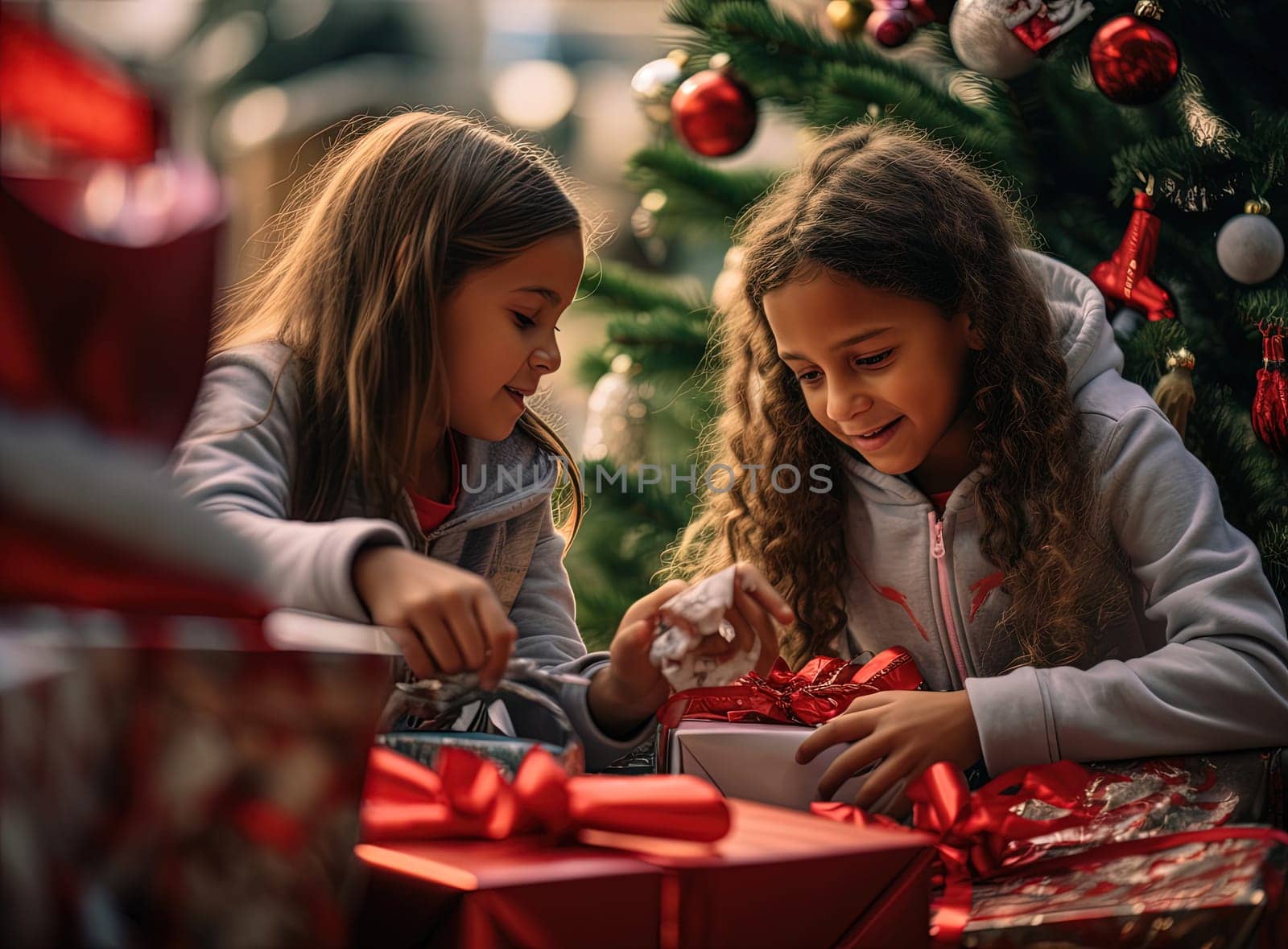 Children unpacking Christmas gift. Kids opening presents during winter holidays. Generated AI