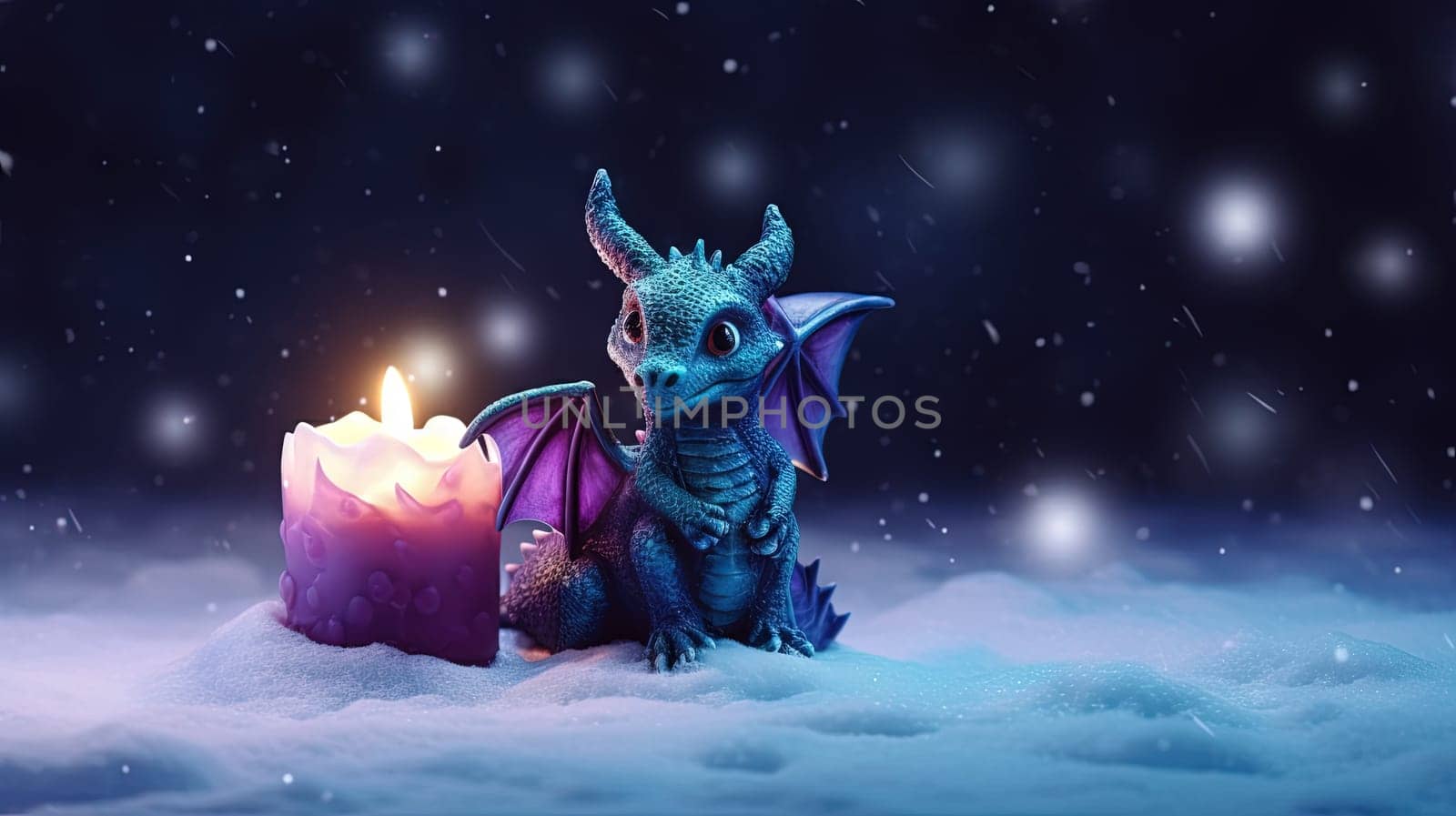Funny cute dragon with candle for winter holidays and 2024 lunar new year celebration. Generated AI