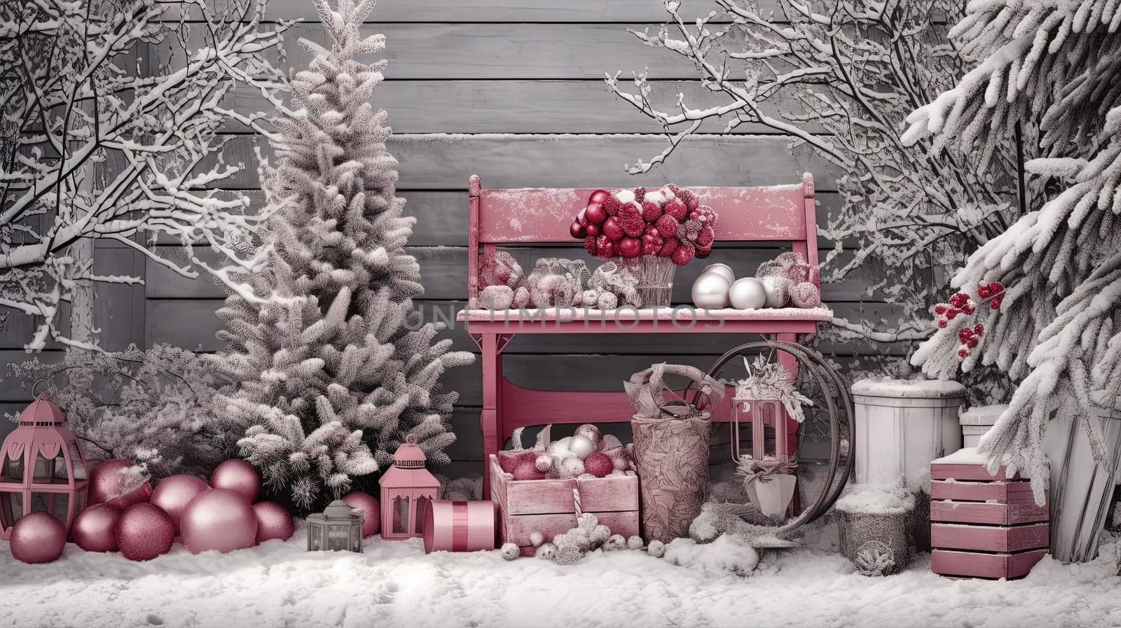 Vintage Christmas outdoor scene with gifts and baubles covered in snow. Generated AI