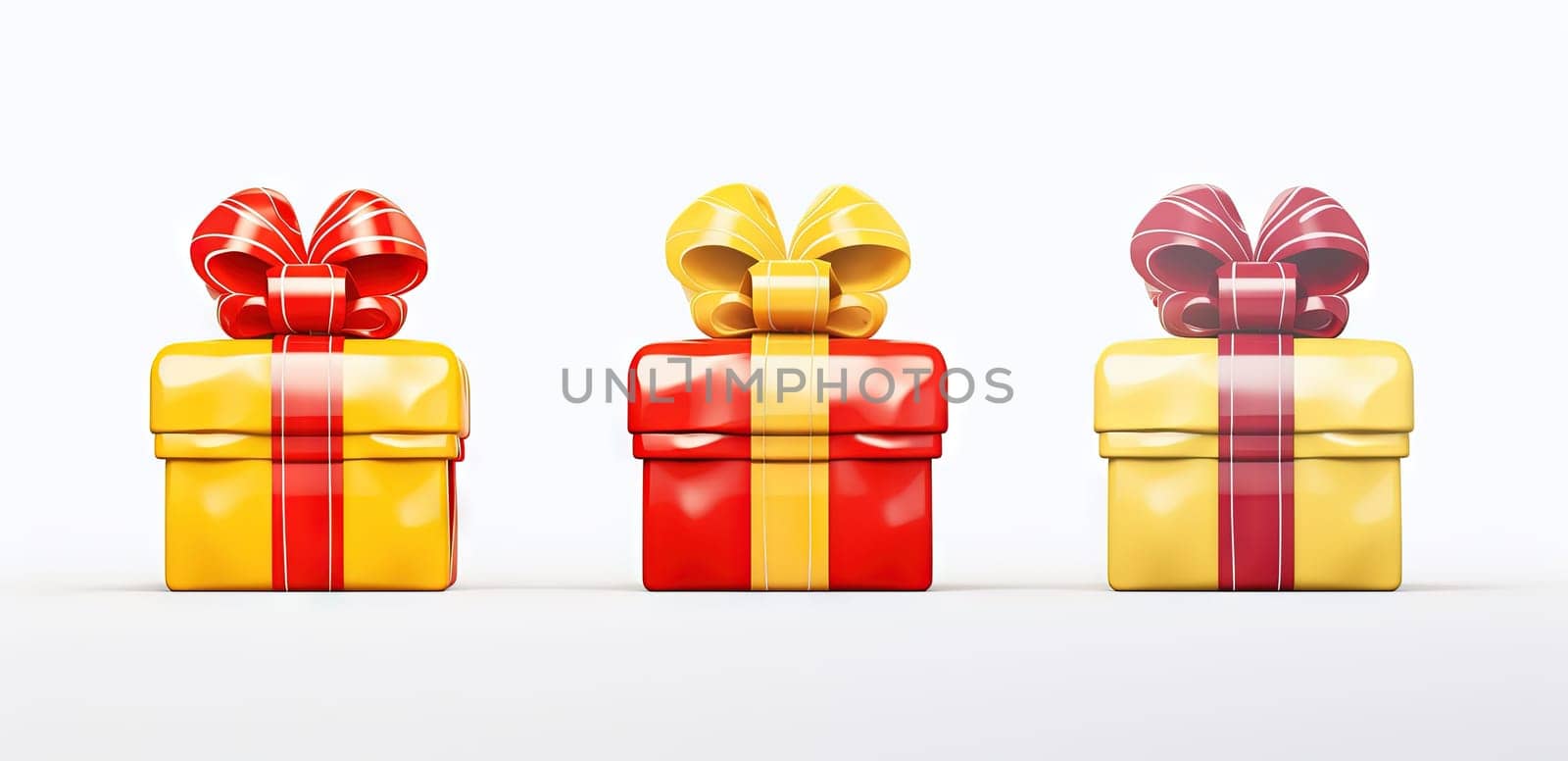 Set of colorful gift boxes with ribbons for Christmas holidays or commercial event. Generated AI