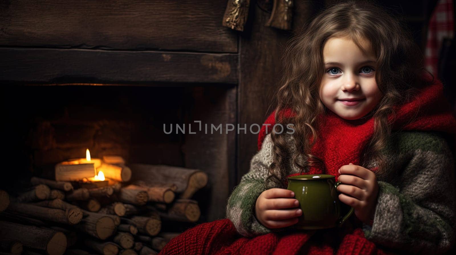 Little girl with cozy sweater drinks hot beverage cup on Christmas holidays. Generated AI