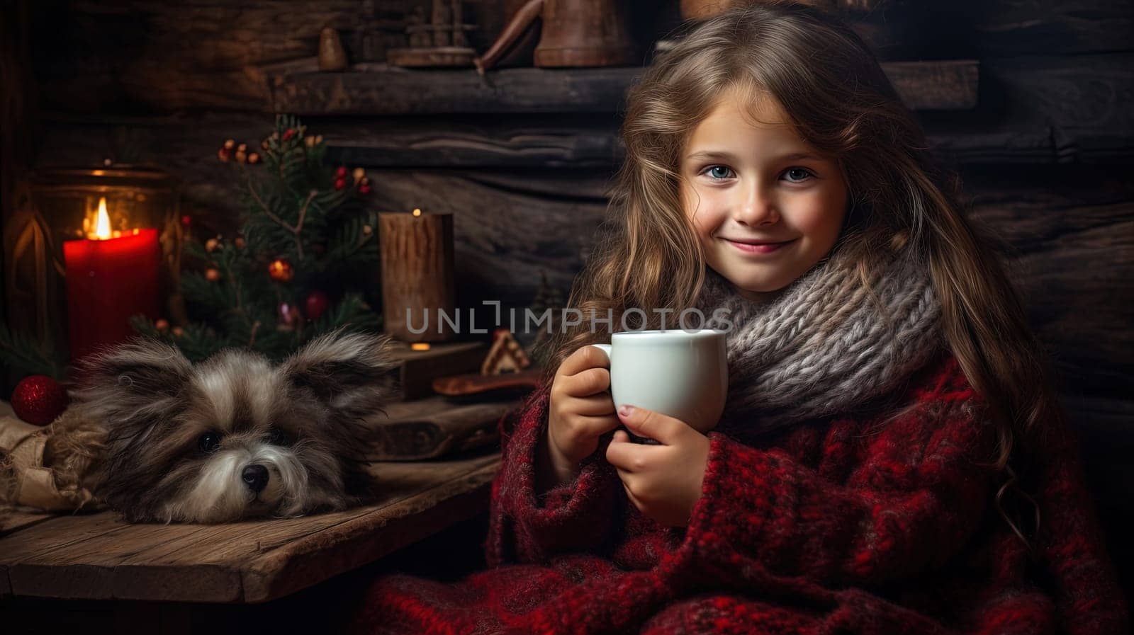 Little girl with cozy sweater drinks hot beverage cup on Christmas holidays. Generated AI