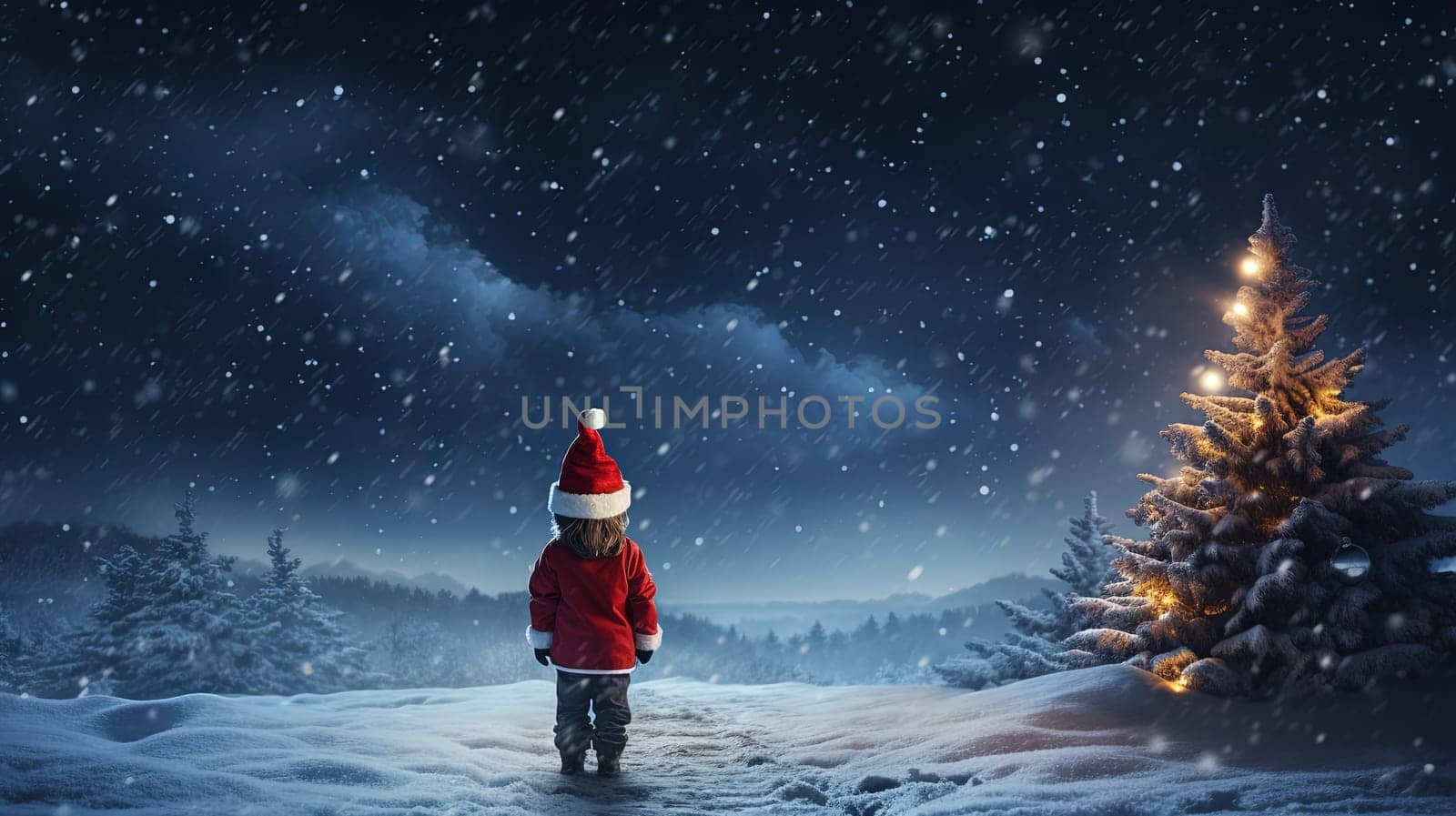 Girl waiting for Santa Claus and Christmas miracles on the snowy street. Generated AI