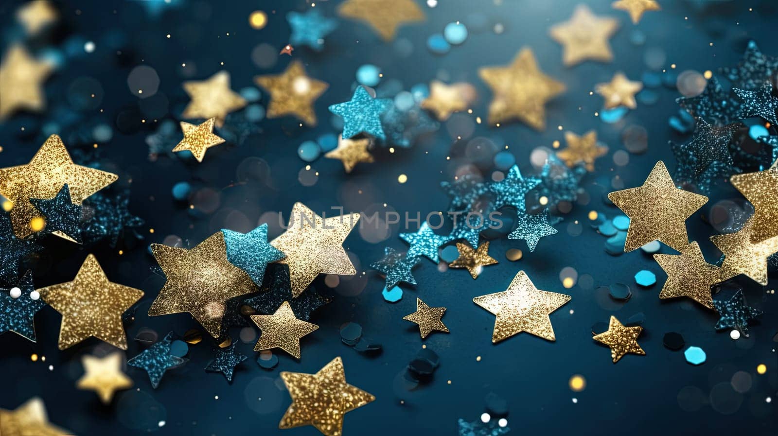 Abstract shiny background with blue and golden glitter. Scattered confetti sparkles with shiny gold and blue color. Generated AI