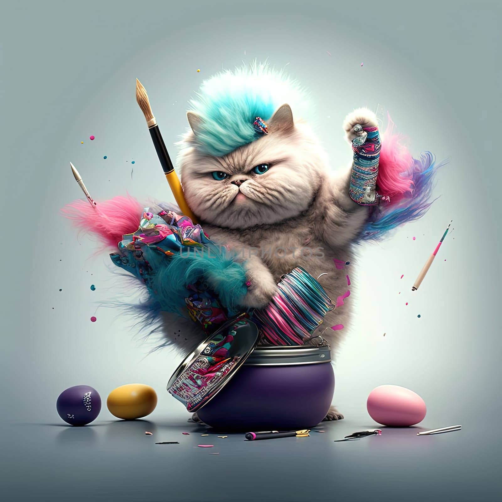 Cute fluffy kitten playing with the makeup. Colorful cosmetics and funny cat. Generated AI
